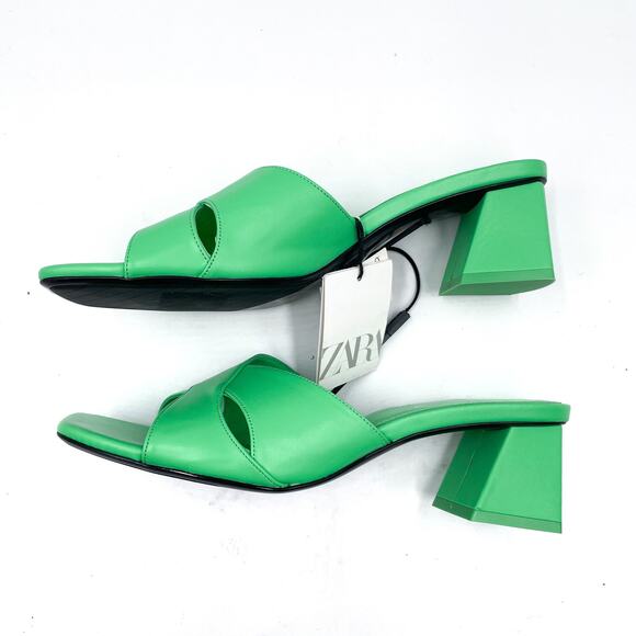 Zara‎ Sandals Green Criss Cross Mules Square Toe Block Heel Sz 40 / 9.5 - Picture 5 of 8